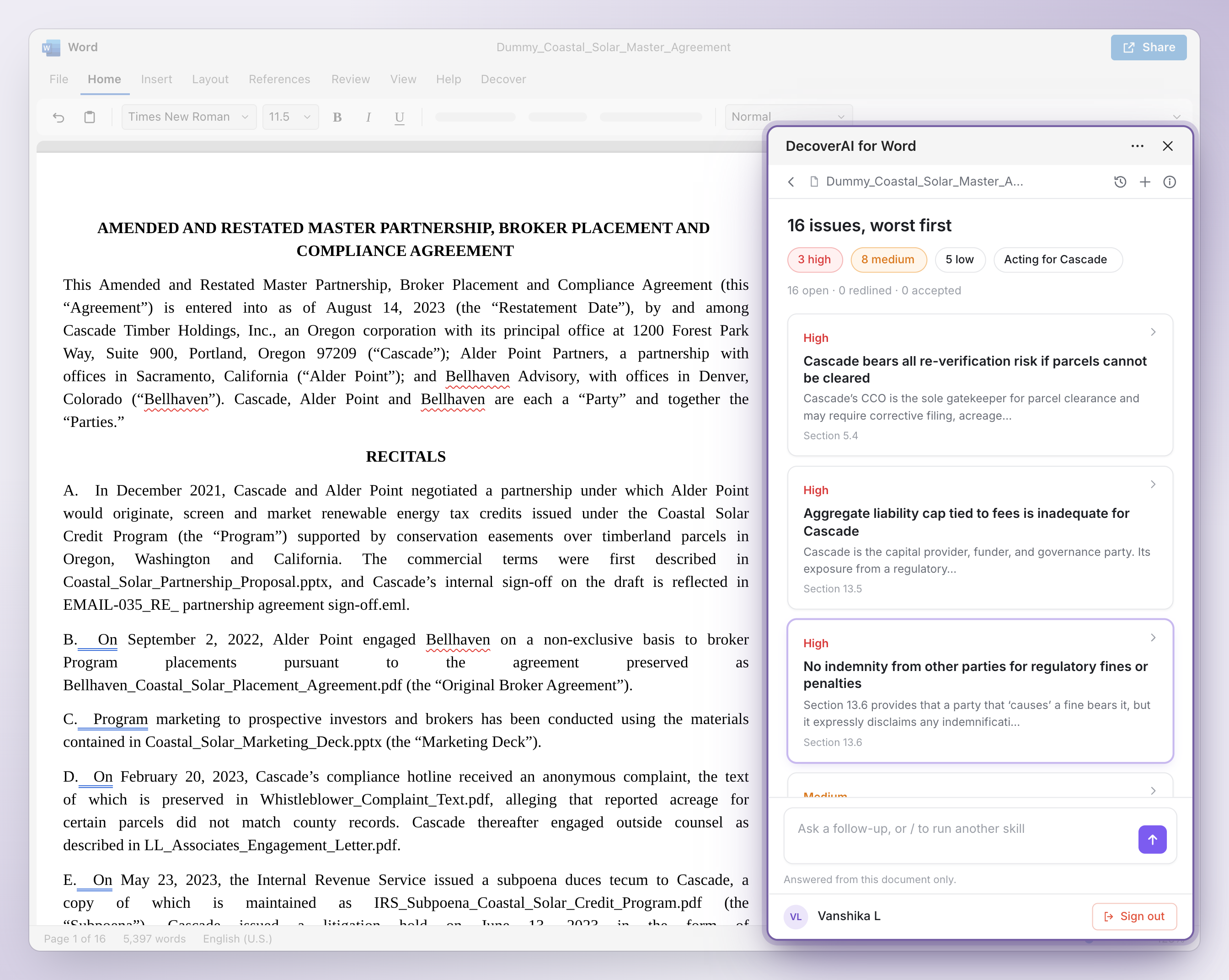 DecoverAI for Word showing issues ranked by severity with clause quotes and show-in-document links