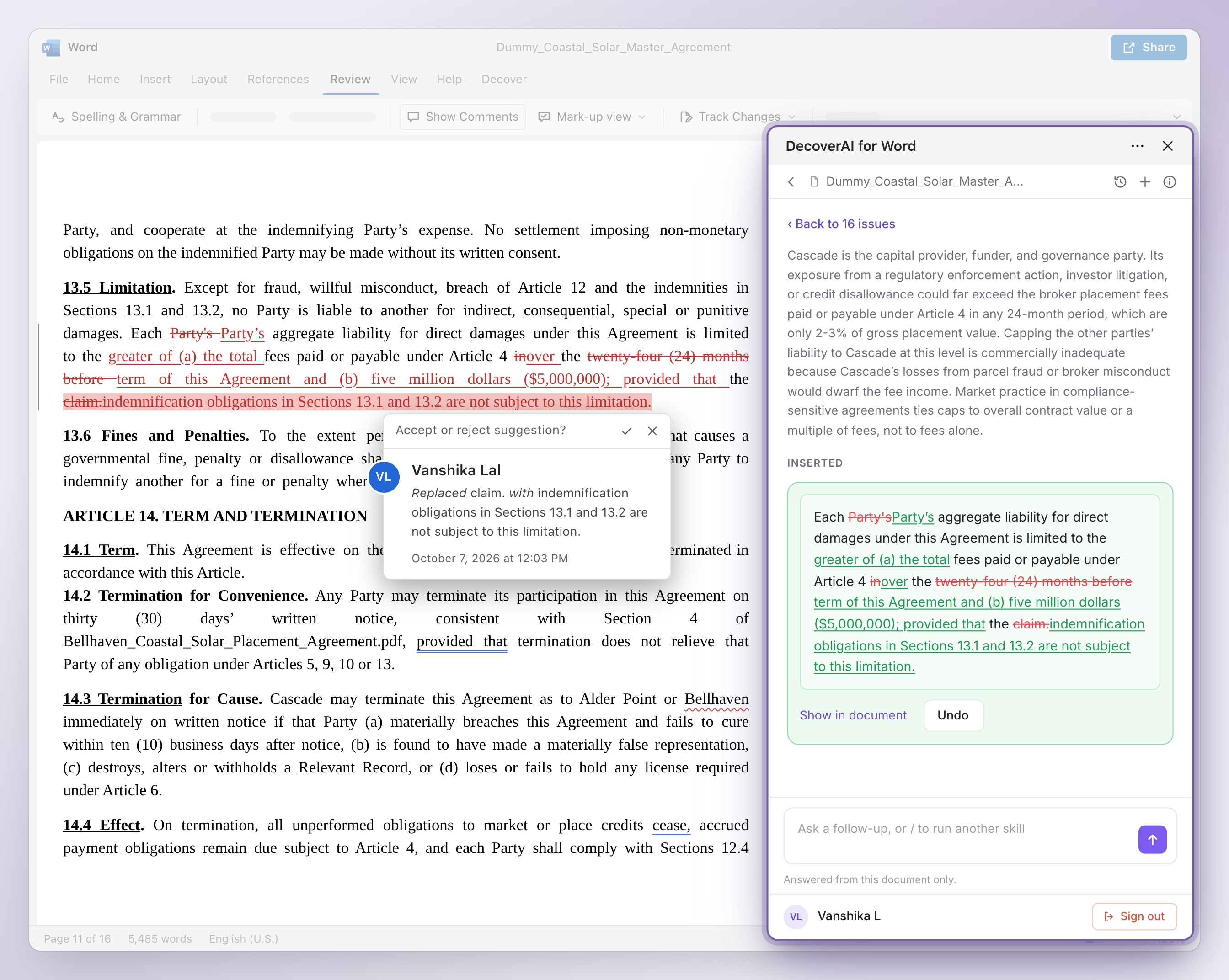 DecoverAI for Word inserting a tracked change authored in the lawyer's name