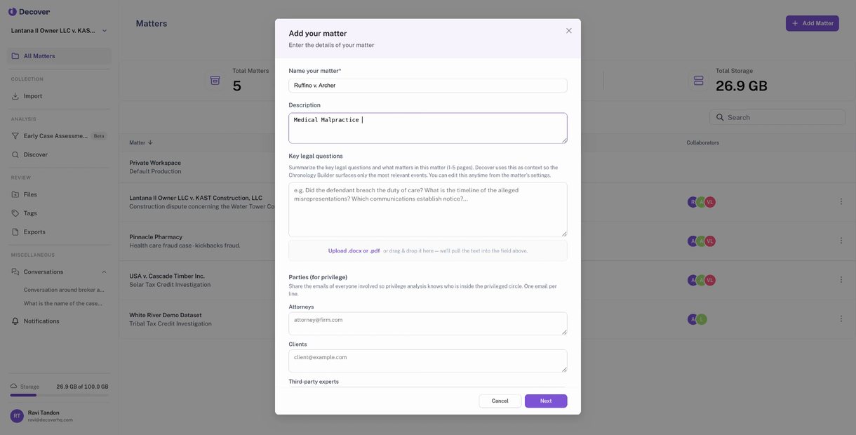 The DecoverAI new-matter dialog, capturing the case name, description, key legal questions, and the attorney and client roster