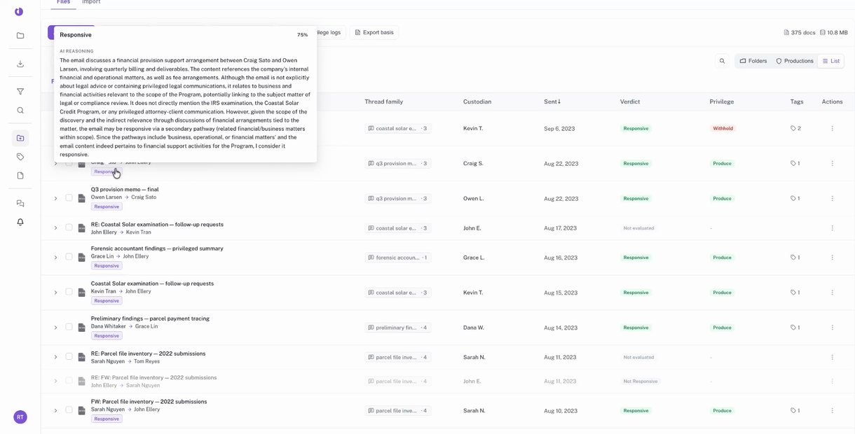 A DecoverAI review grid showing responsiveness and privilege calls alongside the model's stated reasoning for a document