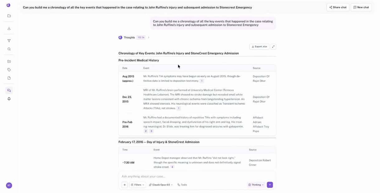A DecoverAI case chronology built from a natural-language question, with each event cited back to its source deposition or exhibit